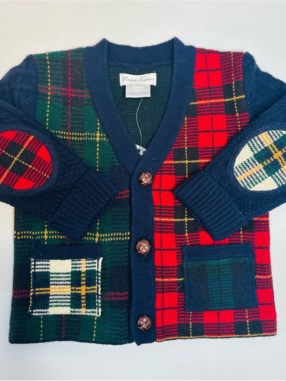 Ralph Lauren Navy, Red & Green Plaid Cardigan with Elbow Patches
